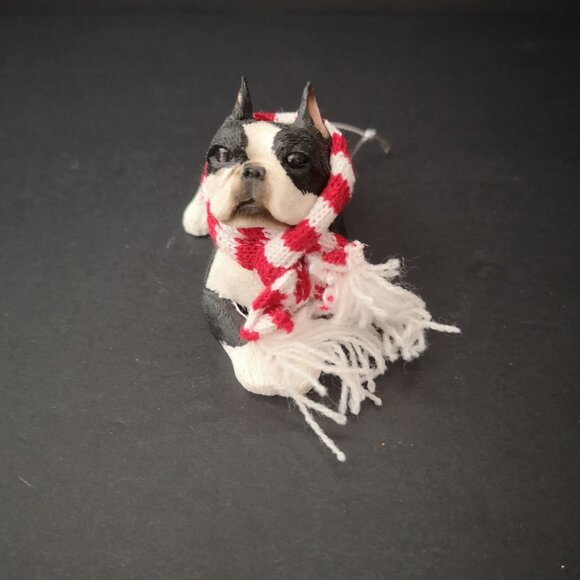 NIB Sandicast Boston Terrier Christmas Ornament with Red & White Scarf - Picture 3 of 6